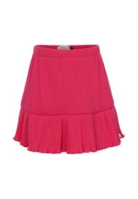 Geribbelde, roze mini-rok met een flared zoom; elastische tailleband; zachte textuur en een gladde afwerking; heeft een klein merklabel aan de binnenkant.