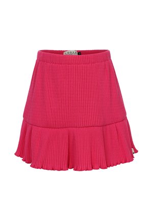 Ribbed, pink mini skirt with a flared hem; elastic waistband; soft texture and a smooth finish; features a small brand label inside.