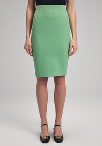 Jupe crayon verte menthe avec une silhouette ajustée, taille mi-haute et tissu texturé. Associée à des chaussures en vernis noir avec un accent doré.