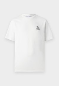 White cotton t-shirt with short sleeves, featuring a black logo and design on the left chest. Crew neck with a smooth texture.