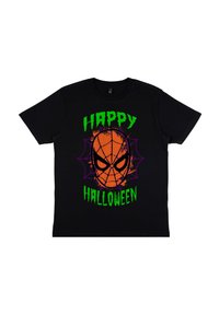 Sort T-shirt med et farverigt grafisk motiv af en orange edderkoppeansigt med en lilla spiderweb-omrids. Teksten lyder "GLÆDELIG HALLOWEEN" i grøn.