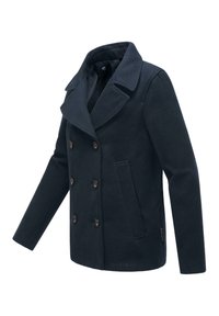 Mörk marinblå kappa i ullblandning, med dubbelknäppning, stora slag, två sidofickor och strukturväv.