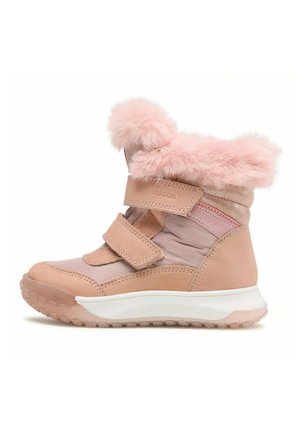 Børns pink vinterstøvle med fluffet manchet, to velcrobånd og tekstureret gummisål for greb.