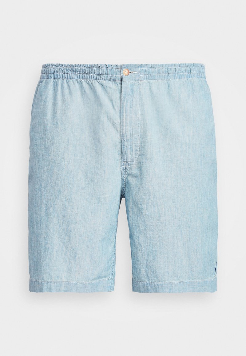 Shorts en coton bleu clair avec une taille élastique, fermeture à bouton, poche avant et un logo discret près de l'ourlet. Texture douce et lisse.