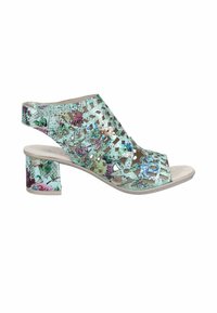 Sandale à bout ouvert bleu clair à motif floral, avec découpes, talon carré et bride arrière, idéale pour l'été féminin.