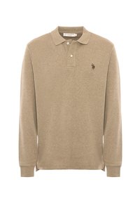 Polo a maniche lunghe beige con due bottoni, polsini a costine e piccolo logo ricamato scuro sul lato sinistro del petto.