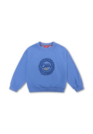 Blauwe sweatshirt met ribbelmanchetten en -zoom, voorzien van een grote donkerblauwe cirkelvormige graphic met "Oily 1963" in het midden en een geschulpte ontwerp.