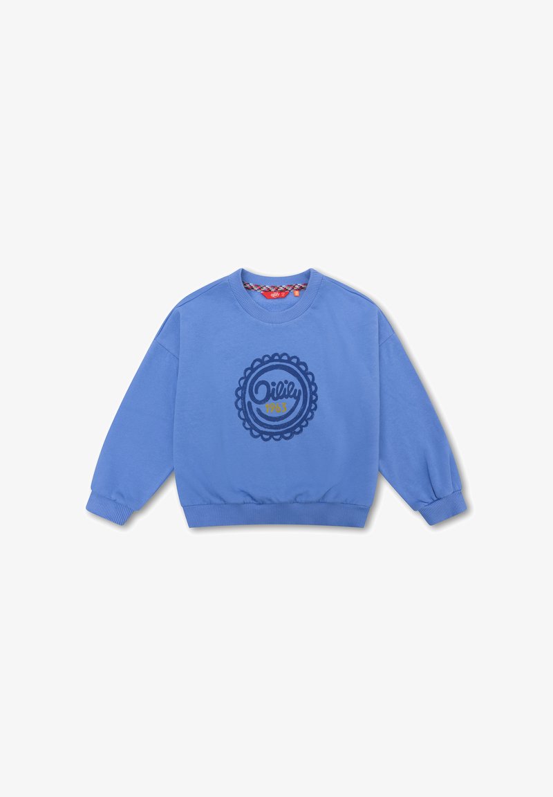 Blauwe sweatshirt met ribbelmanchetten en -zoom, voorzien van een grote donkerblauwe cirkelvormige graphic met "Oily 1963" in het midden en een geschulpte ontwerp.