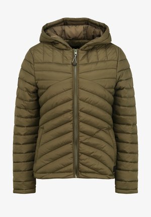 Olive green insulated jacket with a zip front, hood, and chevron pattern. Features include a smooth texture and contrast lining.