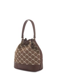 Borsa a tracolla marrone con motivo e design del logo beige, caratterizzata da una base e un manico in pelle liscia. Chiusura a fettuccia con dettagli in metallo dorato.