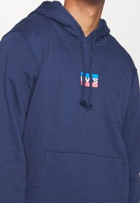 Personne portant un sweat à capuche bleu marine avec cordons de serrage et un petit logo Levi’s multicolore sur la poitrine, visible des épaules à la taille.