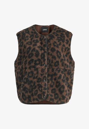 Chaleco de forro polar marrón con estampado de leopardo negro, con un cuello redondo, botones a presión y bolsillos laterales. Rematado con un borde negro.