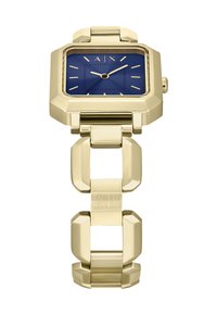 Orologio da polso in metallo oro con cassa ottagonale, quadrante blu e design a bracciale collegato. Dotato di indicatori delle ore e due lancette.