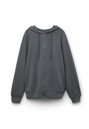 Hoodie zippé gris avec capuche à cordon de serrage, manches raglan et bord-côtes aux poignets. Texture lisse avec une coupe décontractée.