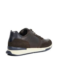Dark brown leather and suede sneaker with a white midsole and blue rubber outsole. Features rounded toe and lace-up front.