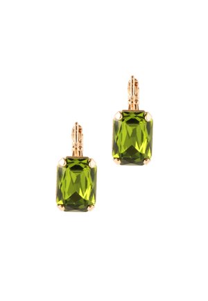 Groene rechthoekige edelstenen oorbellen met gouden zettingen. Facet geslepen stenen in een diepe groene kleur, vastgehouden door vier pootjes.