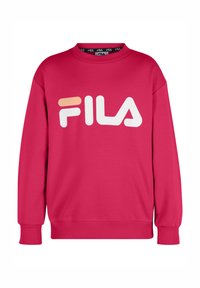Sweatshirt FILA di un vivace colore rosa, realizzato in materiale morbido, presenta un collo rotondo, maniche lunghe e un grande logo bianco sul davanti.