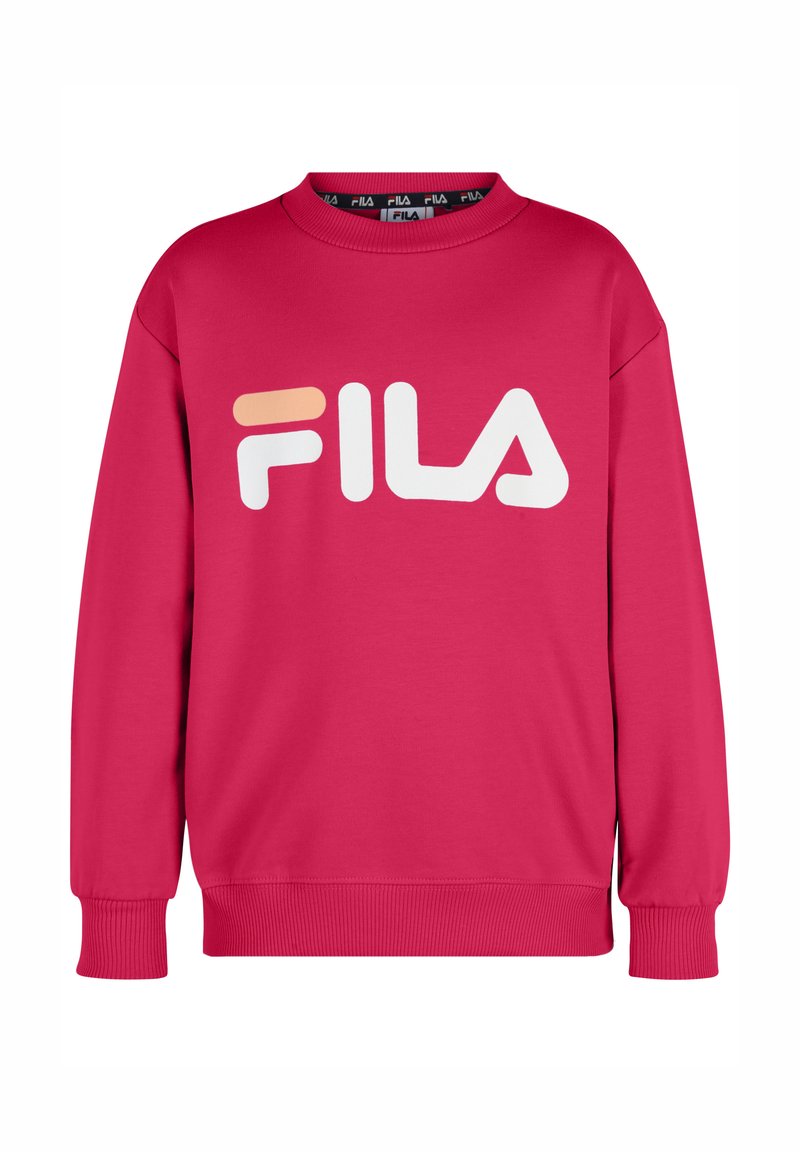 Sweatshirt FILA di un vivace colore rosa, realizzato in materiale morbido, presenta un collo rotondo, maniche lunghe e un grande logo bianco sul davanti.
