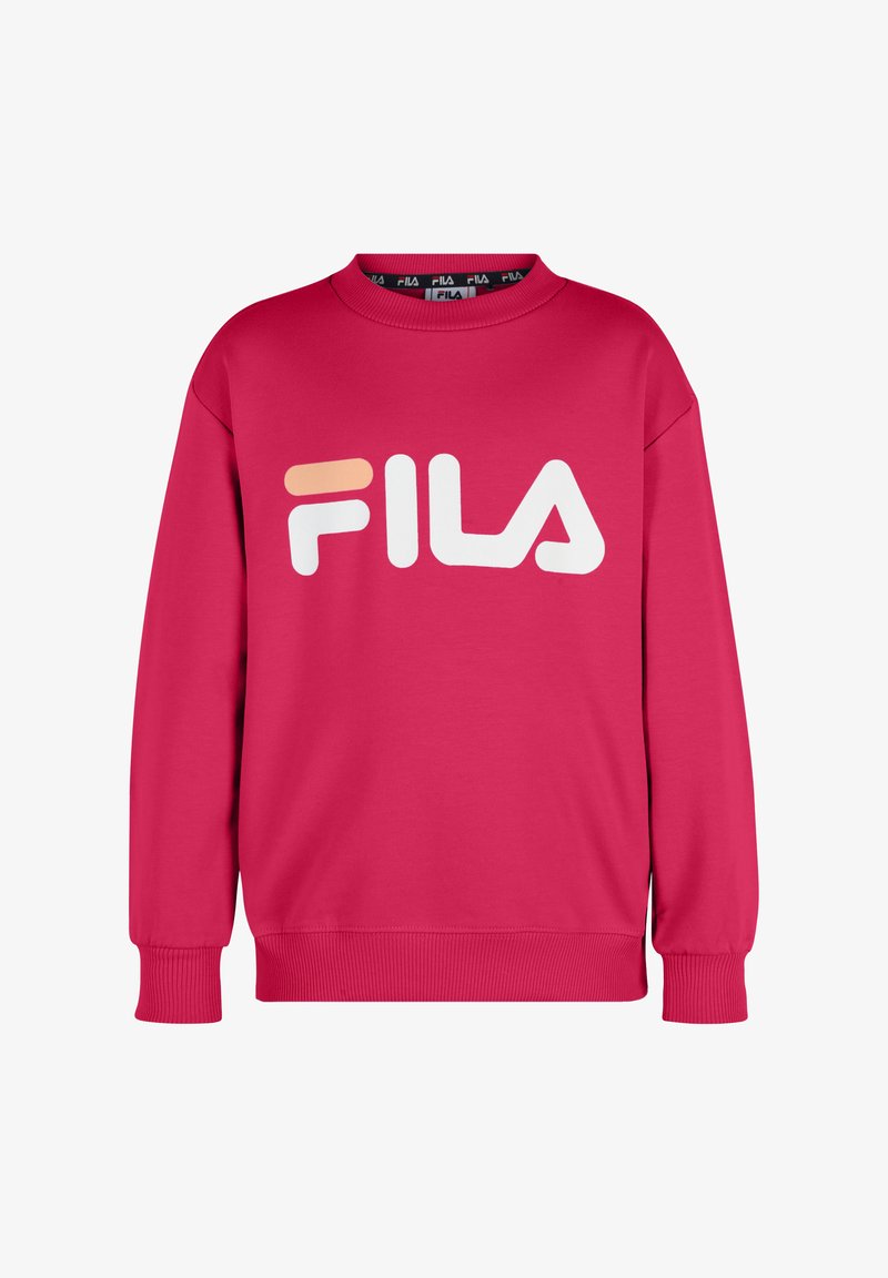 Sweatshirt FILA di un vivace colore rosa, realizzato in materiale morbido, presenta un collo rotondo, maniche lunghe e un grande logo bianco sul davanti.
