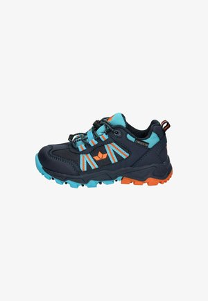 Navy hiking shoe with mesh material, turquoise and orange accents, textured outsole, elastic laces, and reinforced toe cap for durability.