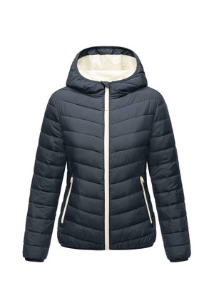 Navy puffer jacket with a hood, featuring beige zipper and pocket accents, quilted texture, and a streamlined fit.