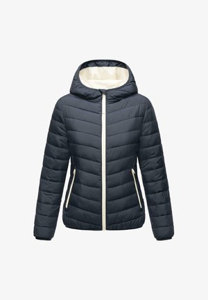 Tummansininen puhviturvava takki hupulla, jossa on beige vetoketju ja taskujen yksityiskohdat, nelilöity pinta ja virtaviivainen malli.