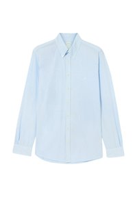 Chemise bleu clair à manches longues, avec un col classique et une coupe légèrement cintrée. Comprend des boutons sur le devant et un subtil brodé de logo.