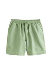 Lysegrønne shorts lavet af blød stof, med elastisk talje, snoretræk og sidelommer. Enkelt design uden mønstre.