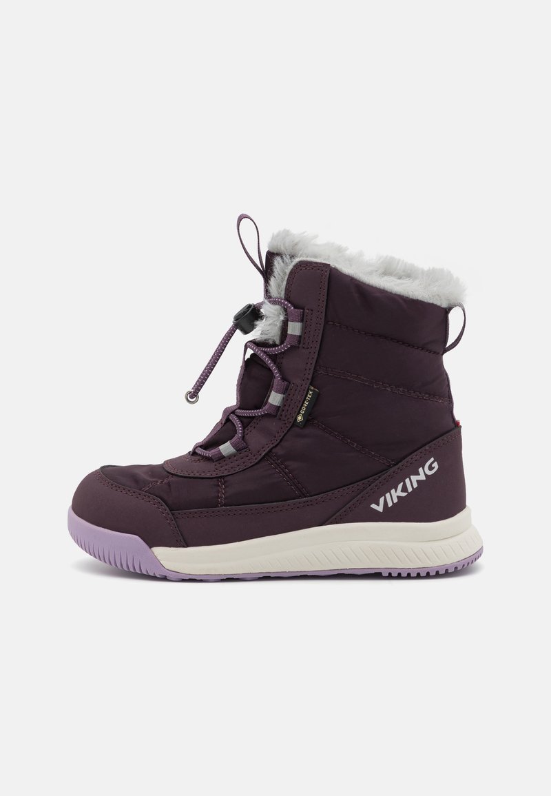 Purple winter boot with a faux fur collar, rubber sole, and lace-up design. Features logo detail and stitching accents. Waterproof material.