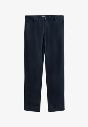 Marineblaue gerade geschnittene Hose mit Gürtelschlaufen, Knopfverschluss, Reißverschluss und schrägen Seitentaschen.