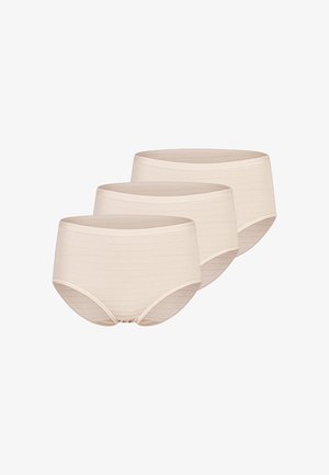 Drei beige Unterhosen aus Baumwolle mit hohem Bund, übereinandergelegt, zeigen die Vorder- und Seitenansicht vor weißem Hintergrund.