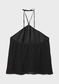 Black sleeveless halter dress with thin straps tying at the neck and a gathered, flowing skirt on a plain background.