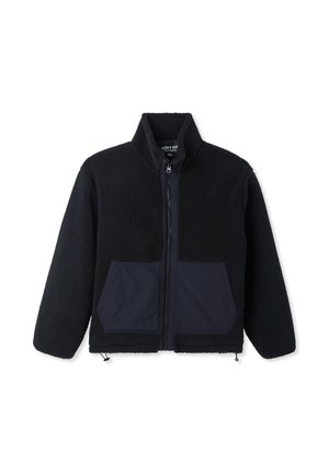 Giacca in pile nera con collo alto, chiusura a zip e dettagli in tessuto blu navy sulle tasche frontali. Vestibilità ampia con orlo regolabile.