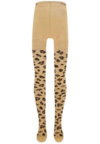 Hautfarbene Strumpfhosen mit einem Leopardenmuster am Unterschenkel. Das Material ist weich und elastisch mit einem matten Finish.