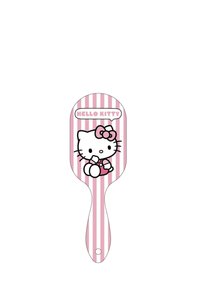 Spazzola per capelli in plastica con un design a strisce rosa e bianche. Presenta un'illustrazione di Hello Kitty che tiene un piccolo oggetto e del testo sopra di lei.