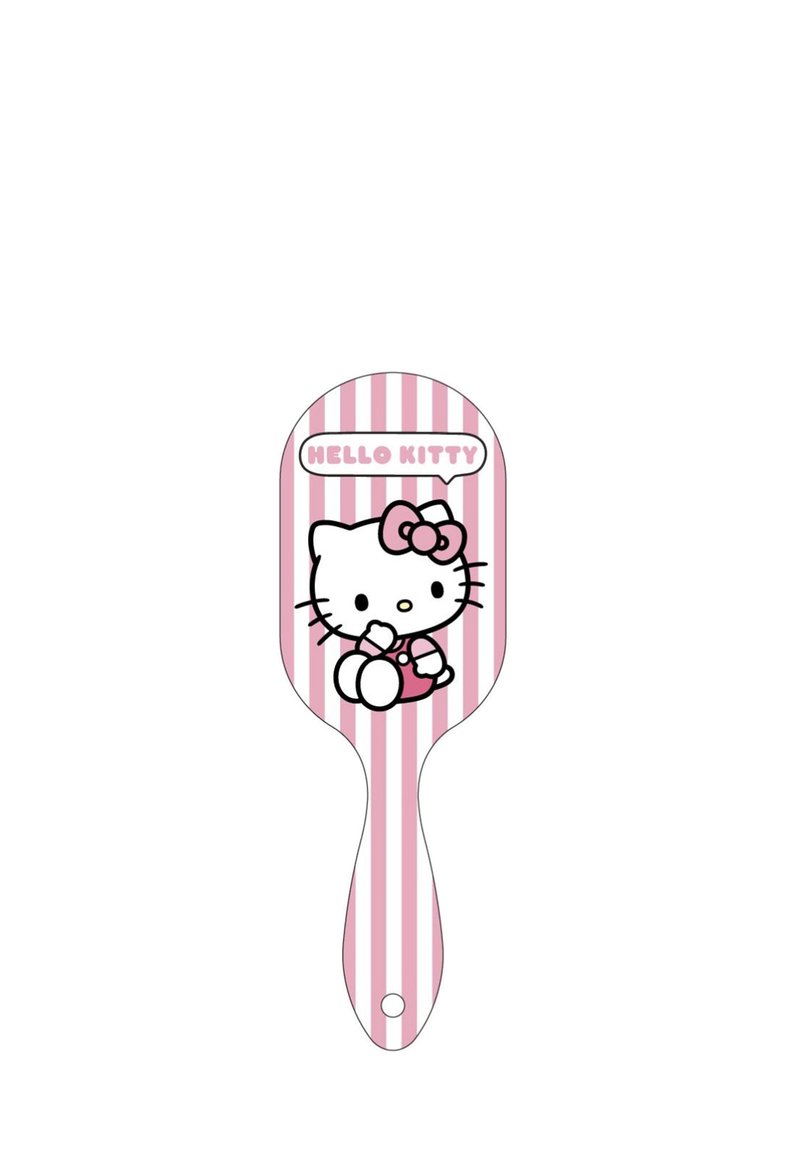 Spazzola per capelli in plastica con un design a strisce rosa e bianche. Presenta un'illustrazione di Hello Kitty che tiene un piccolo oggetto e del testo sopra di lei.
