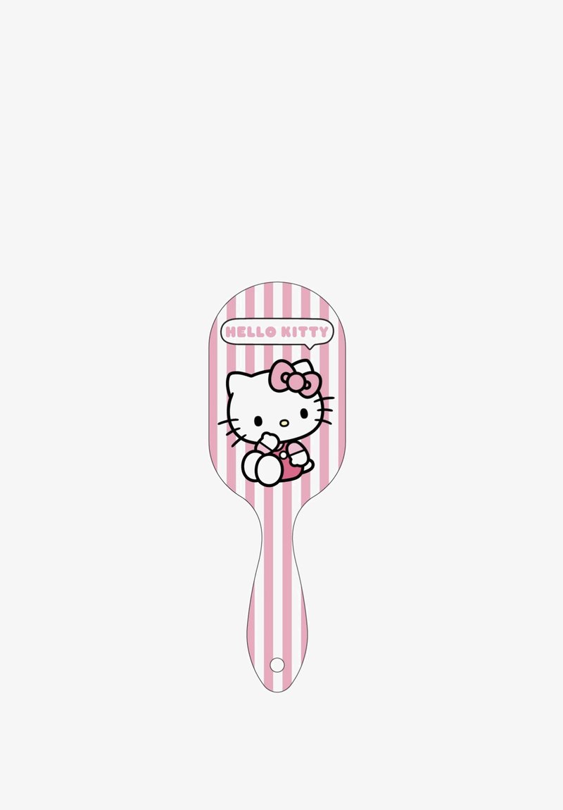 Spazzola per capelli in plastica con un design a strisce rosa e bianche. Presenta un'illustrazione di Hello Kitty che tiene un piccolo oggetto e del testo sopra di lei.