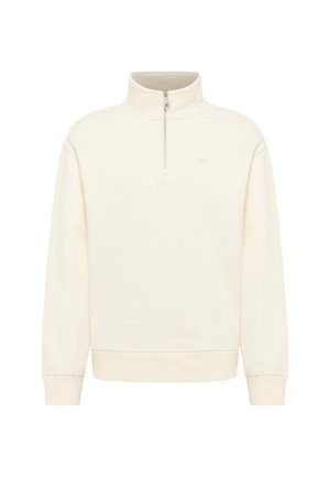 Kremowy sweter o wysokim kołnierzu, z pół-zapięciem z przodu, prążkowanymi mankietami i dołem. Miękka faktura z minimalnym logo na klatce piersiowej.