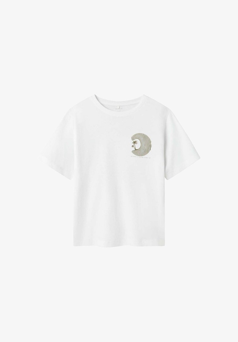 White cotton t-shirt with a round neckline and short sleeves. Features a small, abstract graphic in olive green on the left chest area.