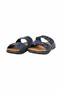 Infradito blu navy con due cinturini regolabili e un sottopiede in sughero. Presentano una parte superiore testurizzata e cuciture a contrasto sulla suola.
