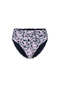 Bas de bikini fleuri avec un fond bleu marine et des motifs de fleurs roses et vertes, coupe taille haute et texture de tissu lisse.