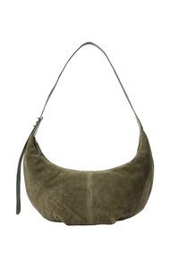 Sac hobo en daim vert olive avec une forme arrondie, une seule bandoulière et une fermeture éclair, présentant une texture lisse et douce.