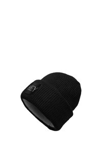 Zwarte gebreide muts met een geribbelde textuur. Heeft een omgeslagen manchette met een zwart label waarop het woord "HEY" in het wit staat.