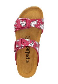 Roze sandalen met een eenhoorn- en sterrenpatroon. Twee verstelbare banden met roze gespen. Kurken voetbed, gestructureerd oppervlak en contoured vorm.