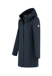 Parka imperméable bleu marine avec capuche, fermeture éclair et boutons-pression, cordon de serrage ajustable et logo en patch sur la manche gauche.
