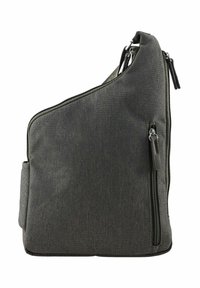 Dunkelgraue Stoff-Schultertasche mit minimalistischer Gestaltung, einem Reißverschlussfach, einer Seitentasche und glatter Textur.