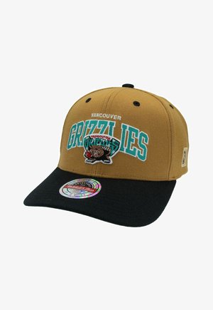Gorra snapback de los Vancouver Grizzlies en marrón y negro, con texto bordado en turquesa y blanco y logo de oso en el panel frontal.