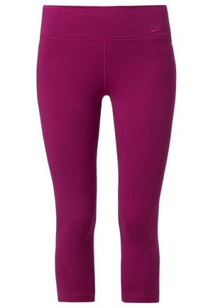 Lila, hoch taillierte, kurz geschnittene Sportleggings mit kleinem Nike-Swoosh-Logo an der linken Hüfte, glattem Stoff und flachen Nähten.