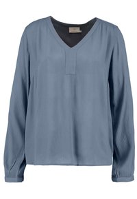 Blouse longue à manches bleues avec décolleté en V, en tissu texturé. Présente un pli subtil au niveau du col et des poignets élastiques.