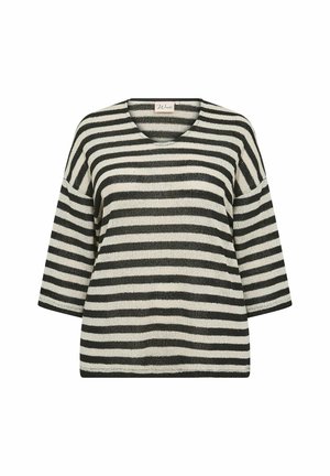 Gestreiftes Strickoberteil in Schwarz und Creme, mit lockerer Passform, V-Ausschnitt und drei Viertelärmeln. Strukturierter Stoff mit horizontalen Streifen.
